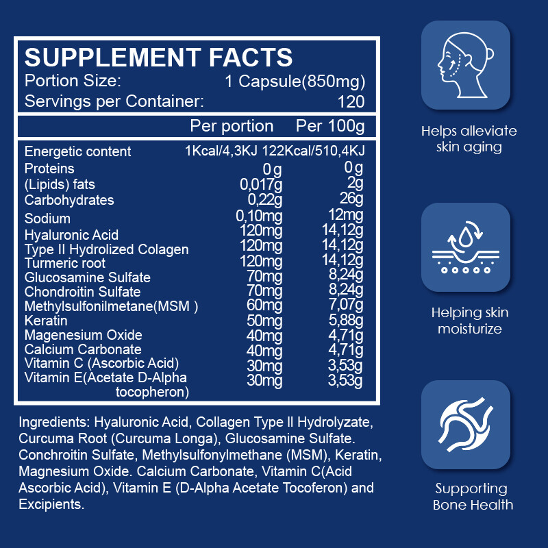 Hyaluronic Acid 30 mg of Vitamin C 850mg For Joint and Skin Health 240 Capsules