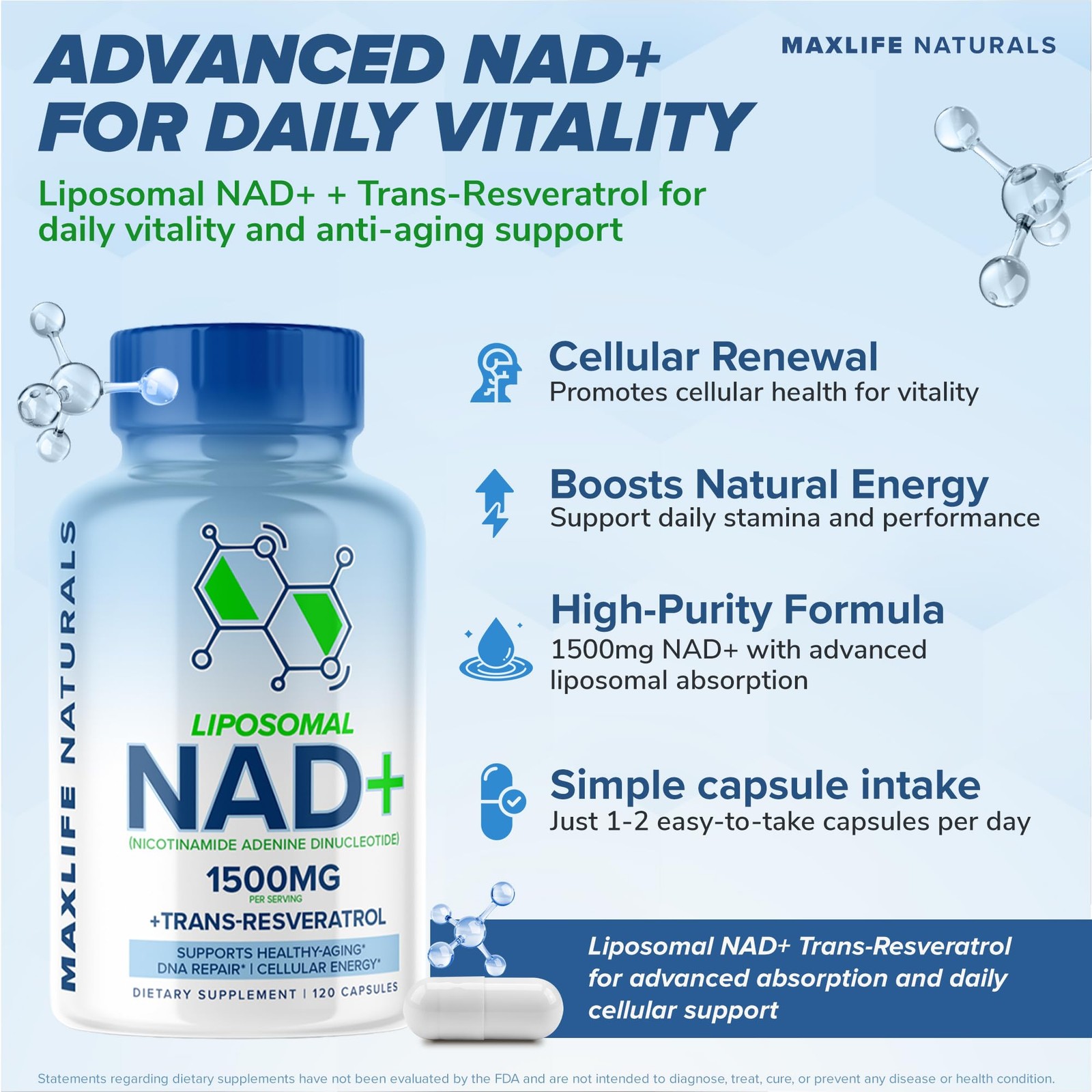 Liposomal NAD+ Supplement 1500mg with Trans-Resveratrol – 120 Capsules NAD+ R…