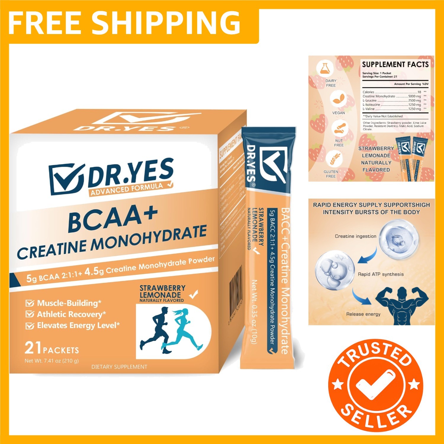 DR.YES Creatine Monohydrate Powder, Boost Strength, Muscle Recovery for Men &…