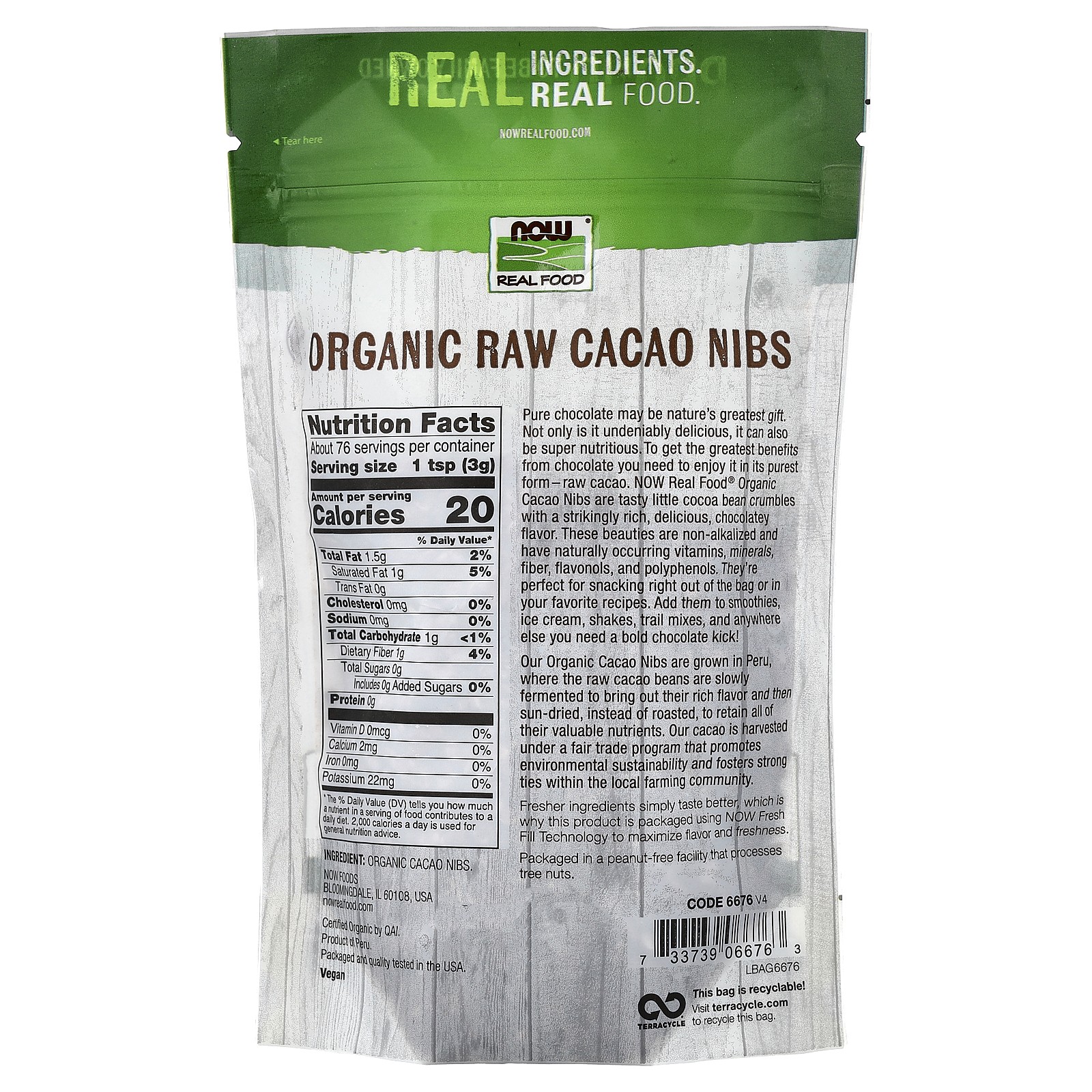 Now Foods Real Food Organic Raw Cacao Nibs 8 oz 227 g Non-GMO, Organic, Raw,