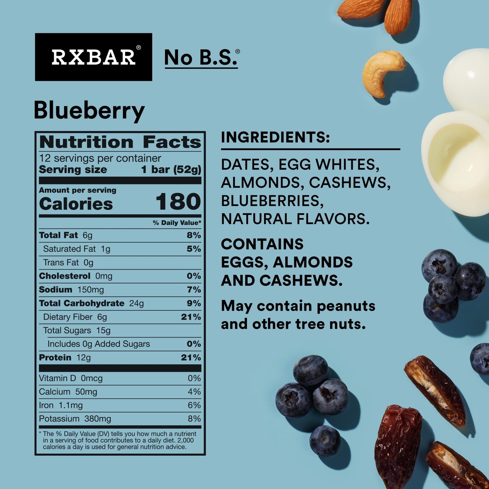 RXBAR Protein Bars, Protein Snack, Snack Bars, Blueberry, 22Oz Box 12 Bars