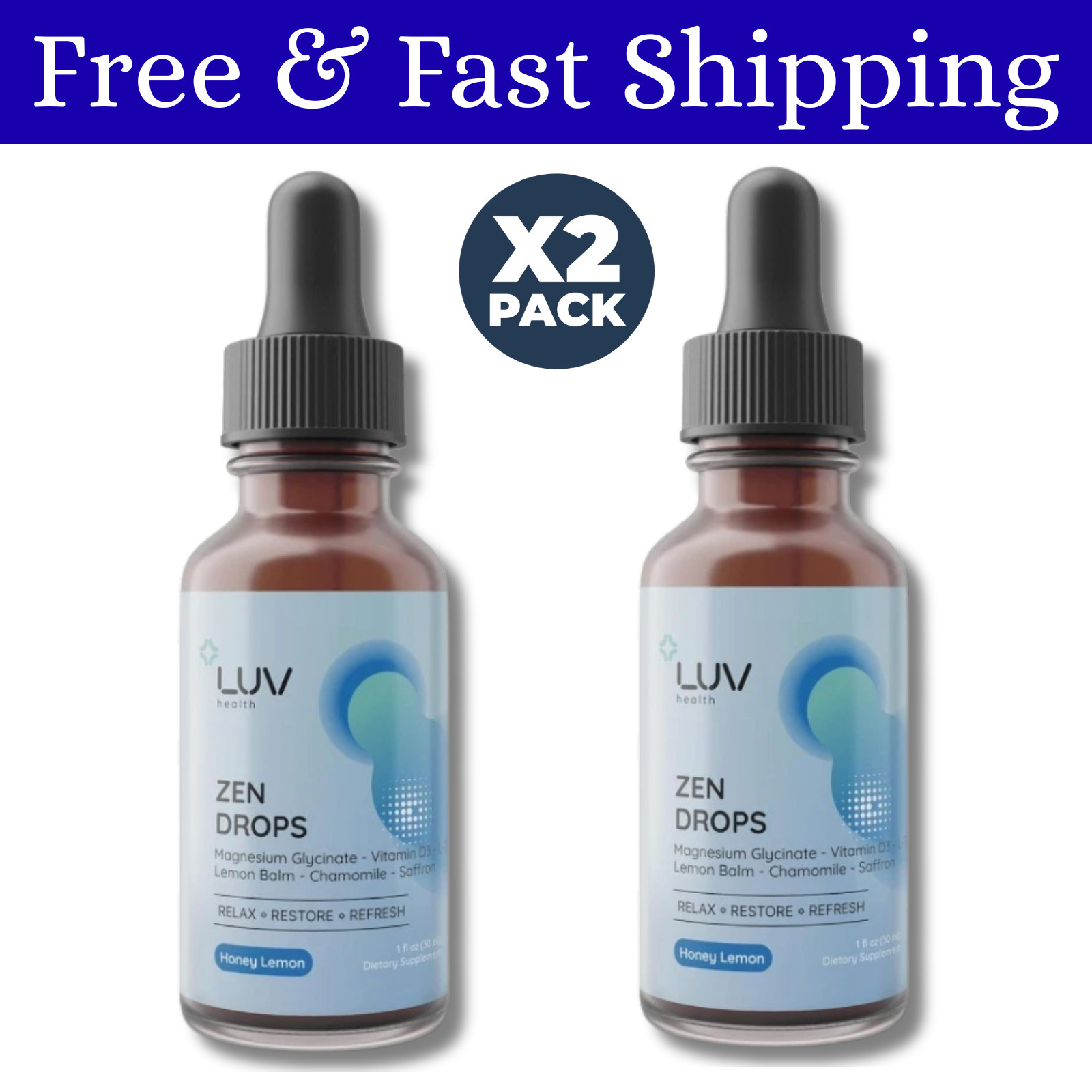 LUV Zen Drops Stress Support with Magnesium Glycinate and Lemon BalM 2 PACK.