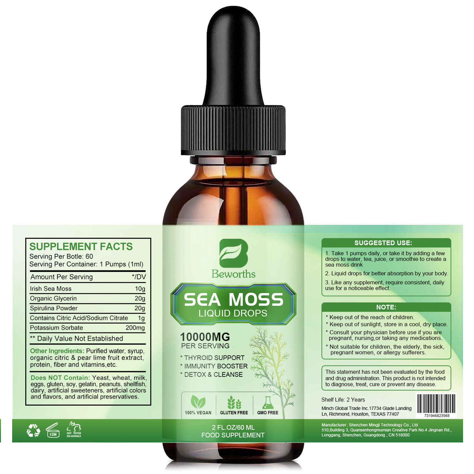 Sea Moss Liquid Drops With Bladderwrack ,Thyroid Support Supplement