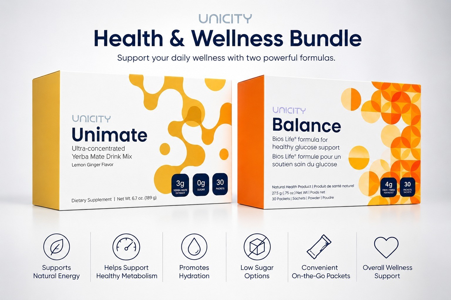 COMBO-UNICITY UNIMATE LEMON AND UNICITY BALANCE NATURAL ORANGE FLAVOR EXP 08/28