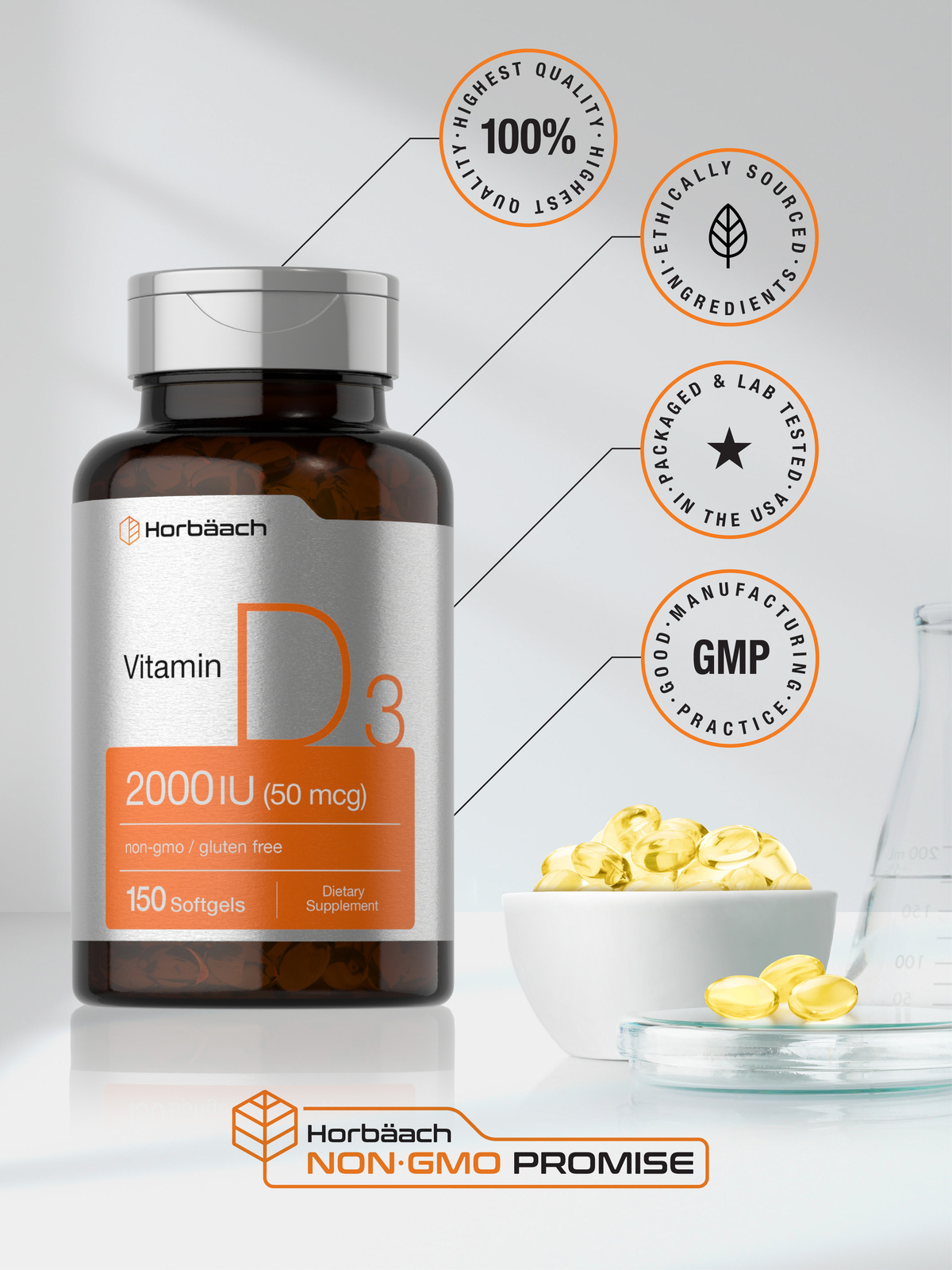 Vitamin D3 2000IU Softgels | 150 Count | Non-GMO, Gluten Fee | by Horbaach