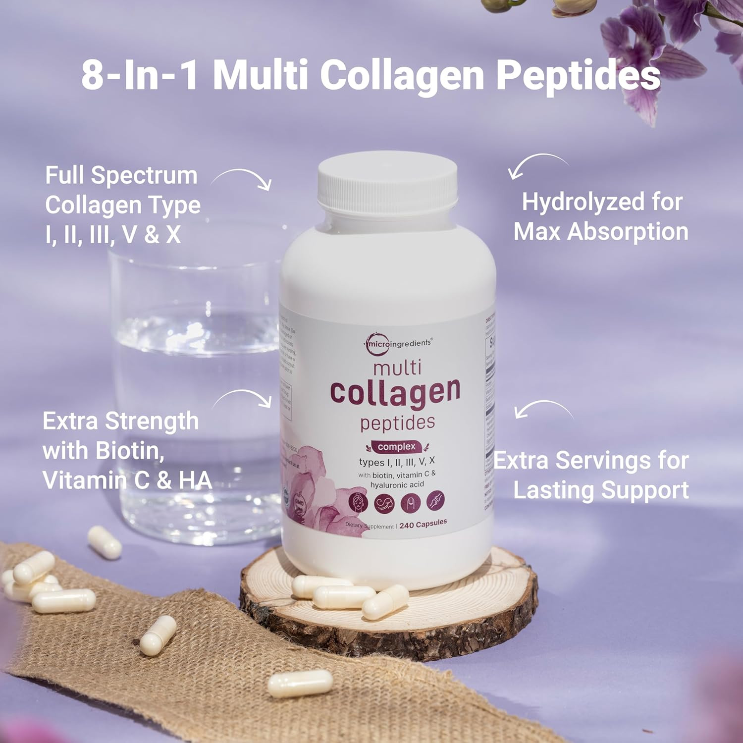 Micro Ingredients Multi Collagen Pills for Women & Men, 240 Capsules | Type I, I