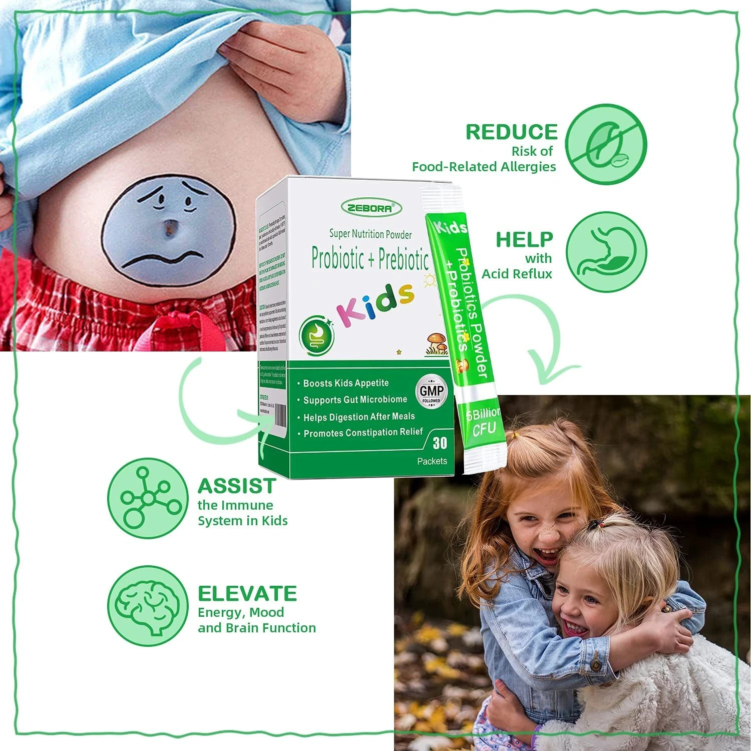 ZEBORA Kids Probiotic & Prebiotics Powder Age 3+ Support Children’s Digestive…
