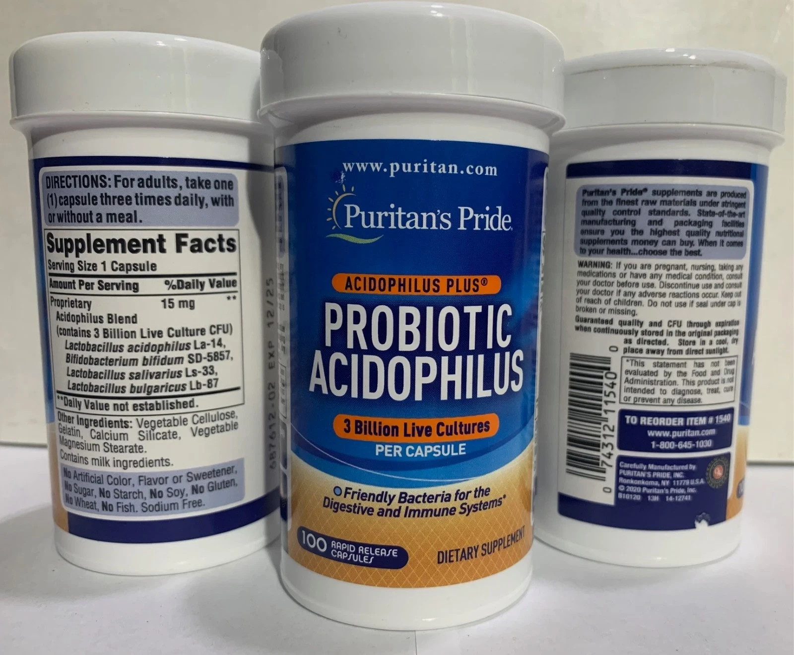 3x Puritan’s Pride Acidophilus 3 Billion Live Cultures Capsules 100 CT Exp 12/25