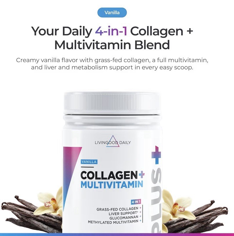 Livingood Daily Collagen Powder & Multi Vit Vanilla Grass Fed Protein 15.36oz