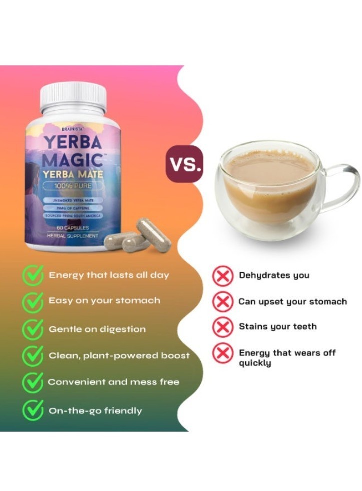 Brainista Yerba Magic: 100% Pure Unsmoked Yerba Mate, 75mg Caffeine, 60 Capsules
