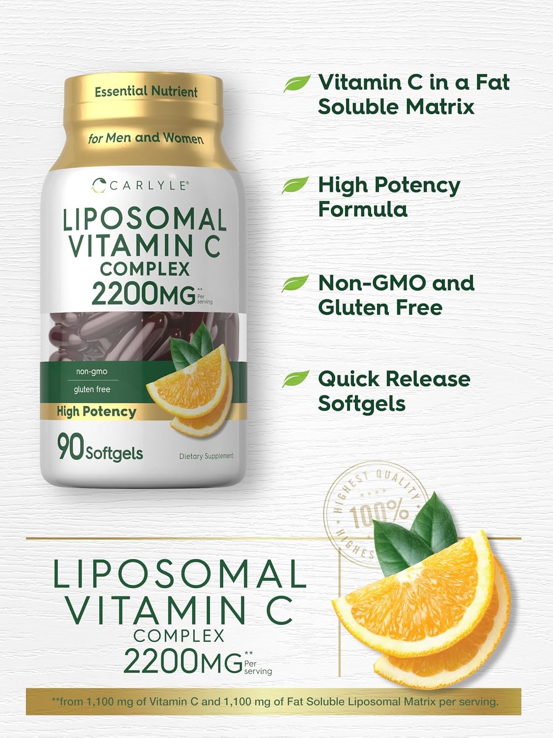 Carlyle Liposomal Vitamin C | 2200mg | 90 Softgel Capsules | High Potency Comple