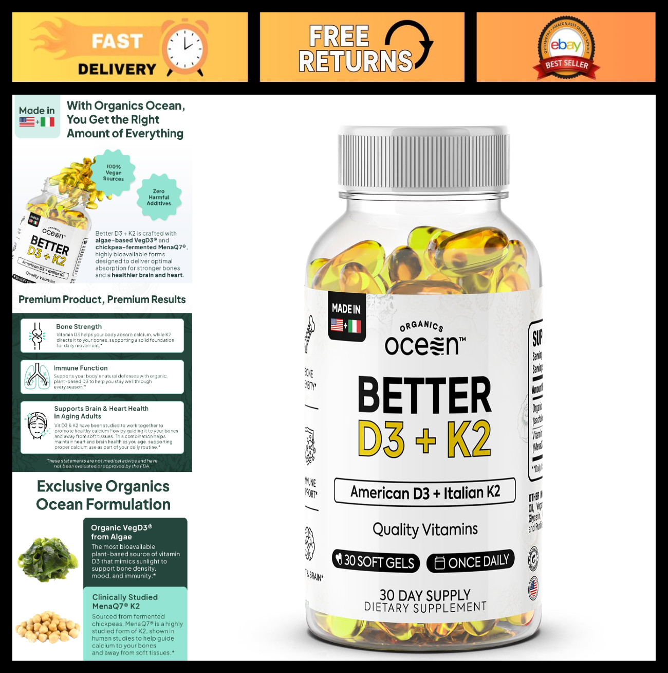 Organic Vitamin D3 & K2 Supplements – 100% Natural, Supports Bone Health & Immun