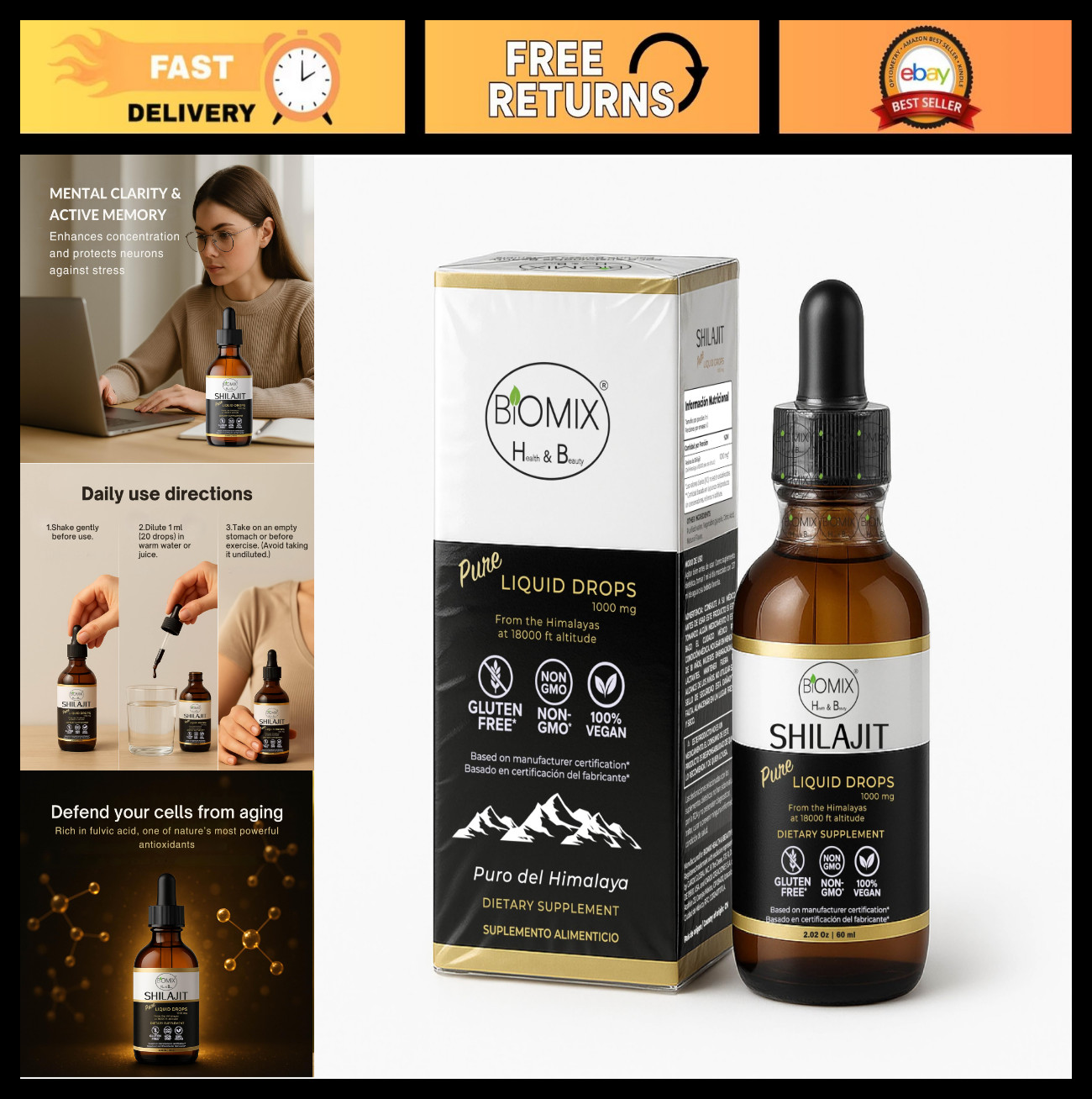 Pure Shilajit Drops 1000mg – Himalayan Resin, Vegan, Gluten-Free, Non-GMO, 60-Da