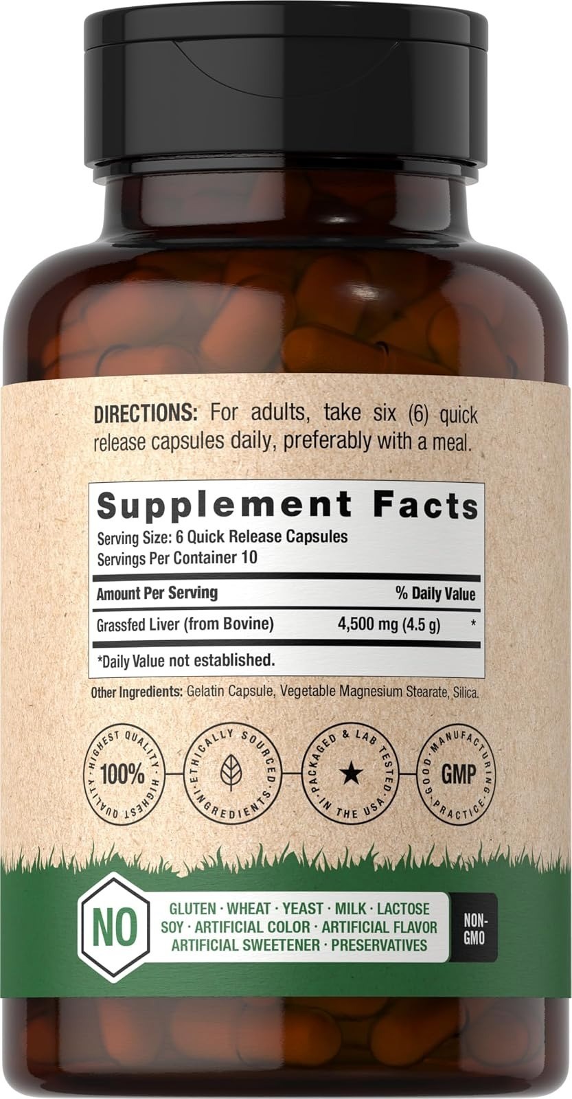Horbäach Grass Fed Beef Liver 4500mg 60 Capsules Non-GMO Supplement