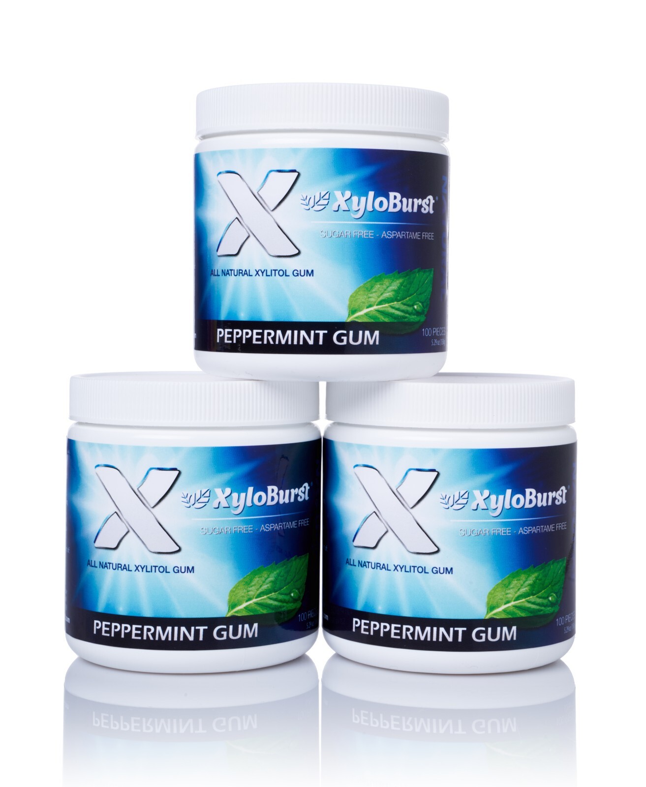 XyloBurst Peppermint All Natural Aspartame Free Xylitol Gum 100 Count Jar 3 Pack