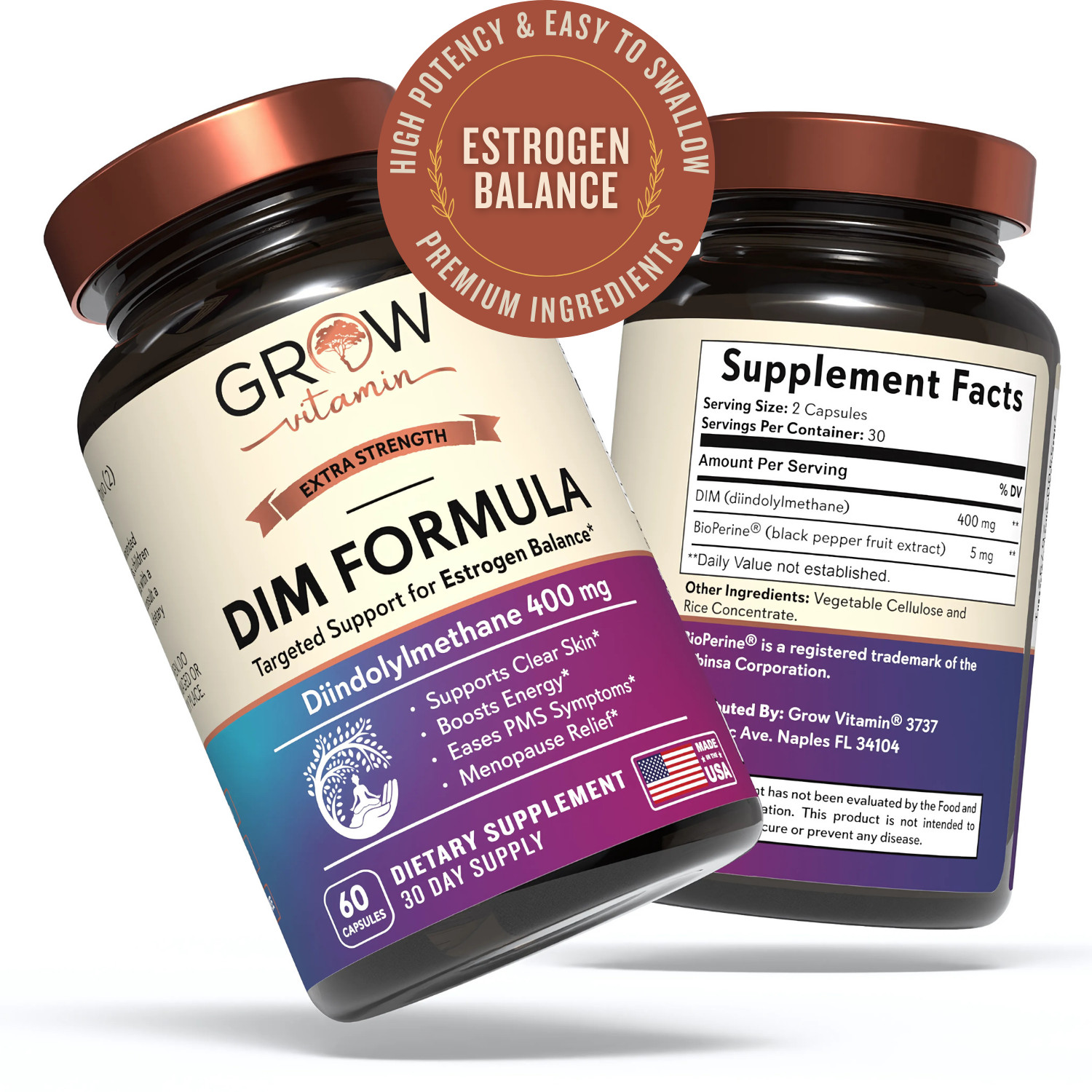 DIM (Diindolylmethane) 400mg with Bioperine, Made in the USA, NON-GMO, 60 CAPS