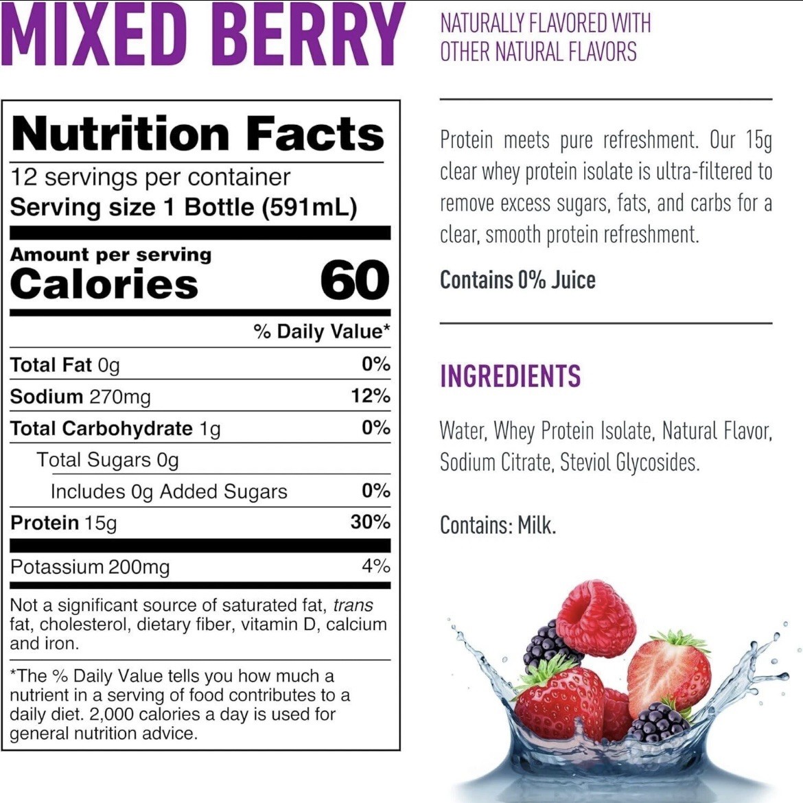 Isopure Clear Protein Water w/ Electrolytes, 15g Whey – Mixed Berry, 12 Pack
