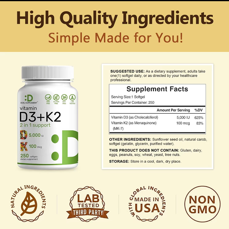 Vitamin D3+K2,2 in 1 Support, for Bones, Heart & Immune- 250 Capsules–