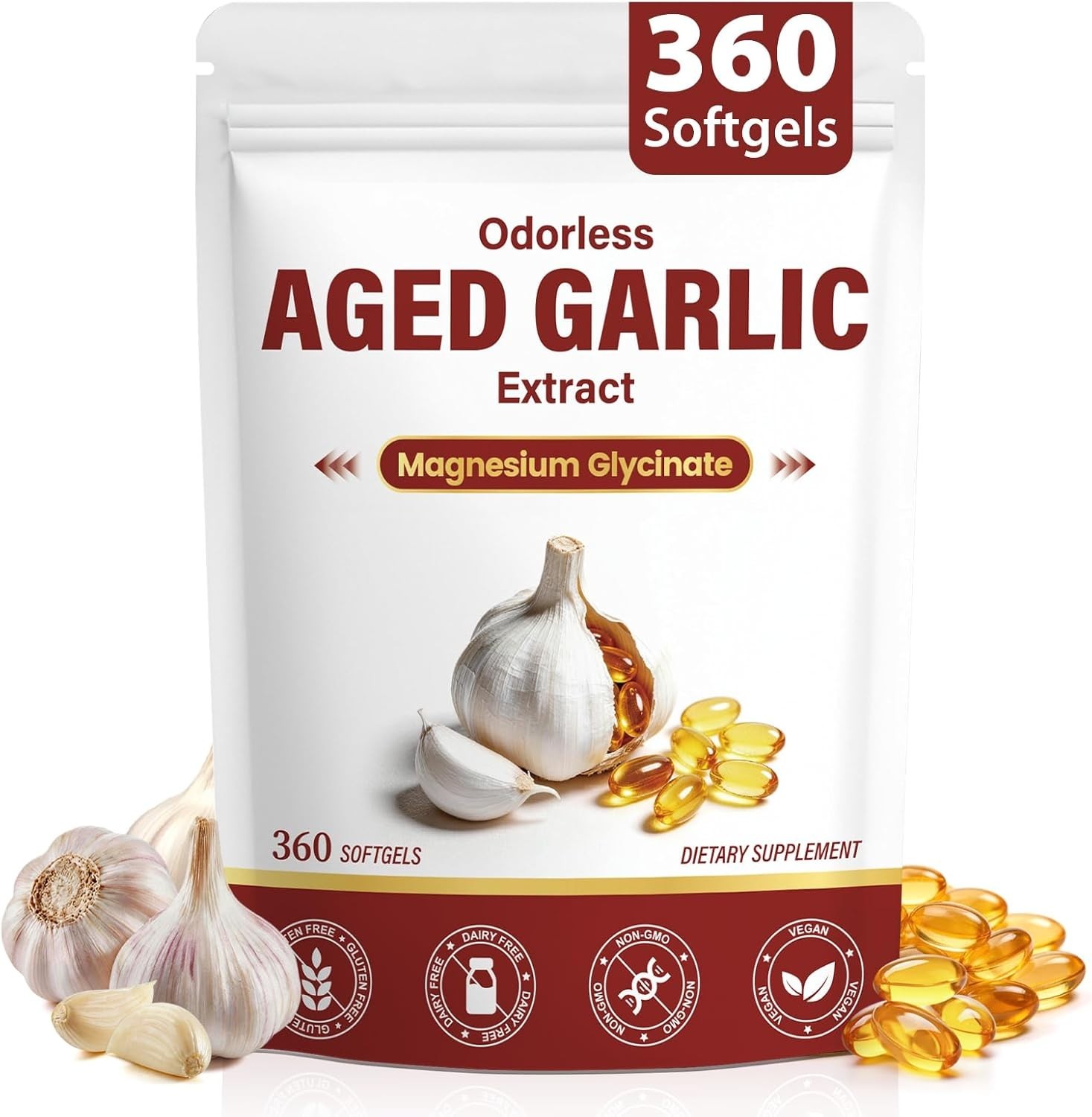 Aged Garlic Extract 360 Softgels, Odorless 2-Year Aged Garlic with Magnesium
