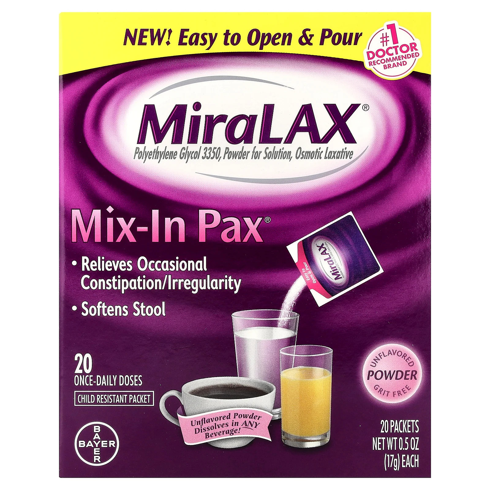 2 X MiraLAX, Mix-In Pax�, Grit Free, Unflavored, 20 Packets 0.5 oz (17 g) Each