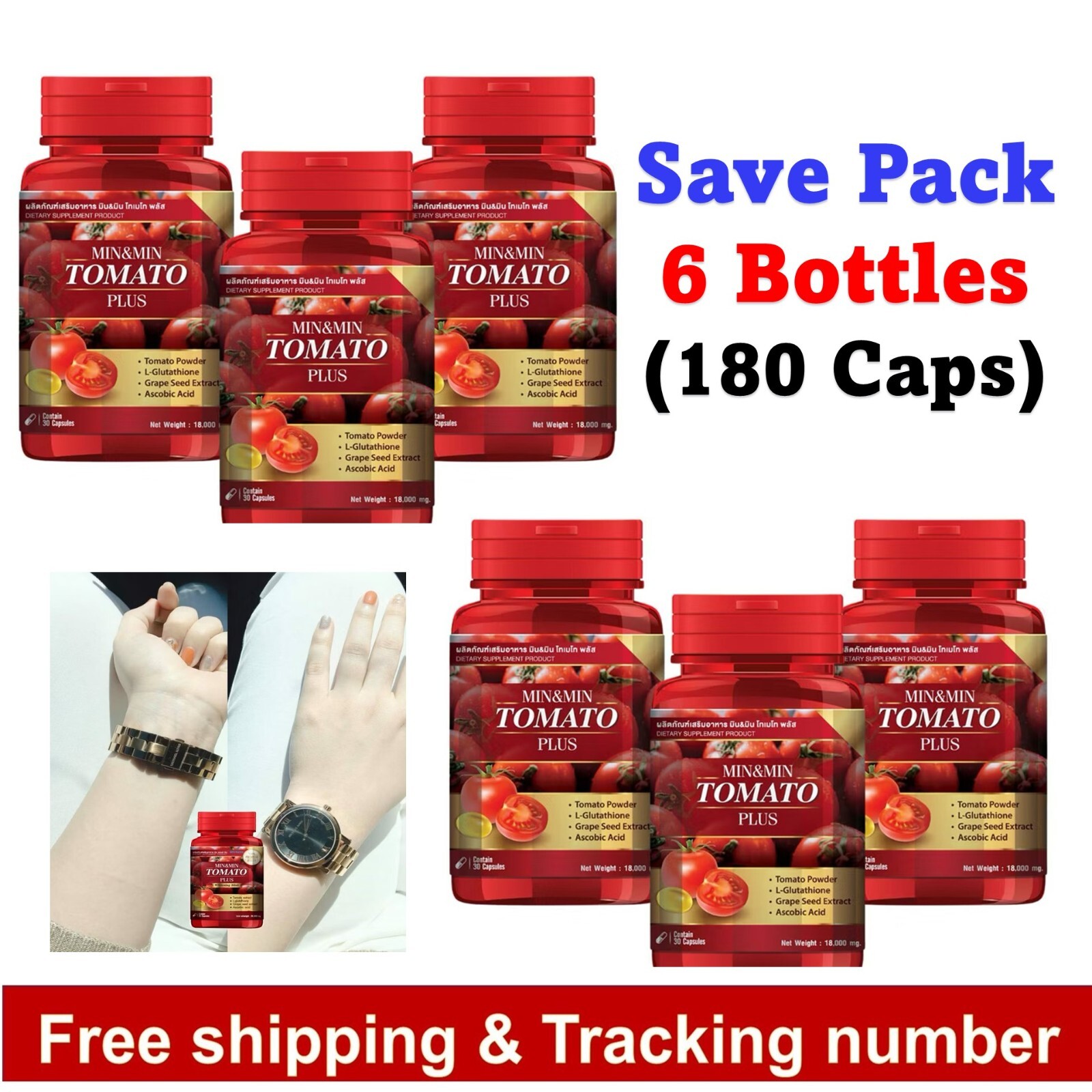 6X Min & Min Tomato Plus Whitening Blink Nourishes Skin Hair Nails Health 30 Cap