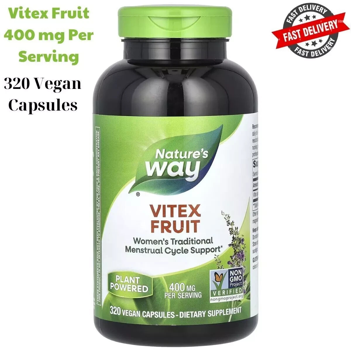 Nature’s Way Vitex Fruit 400 mg Per Serving, Gluten Free, 320 Vegan Capsules