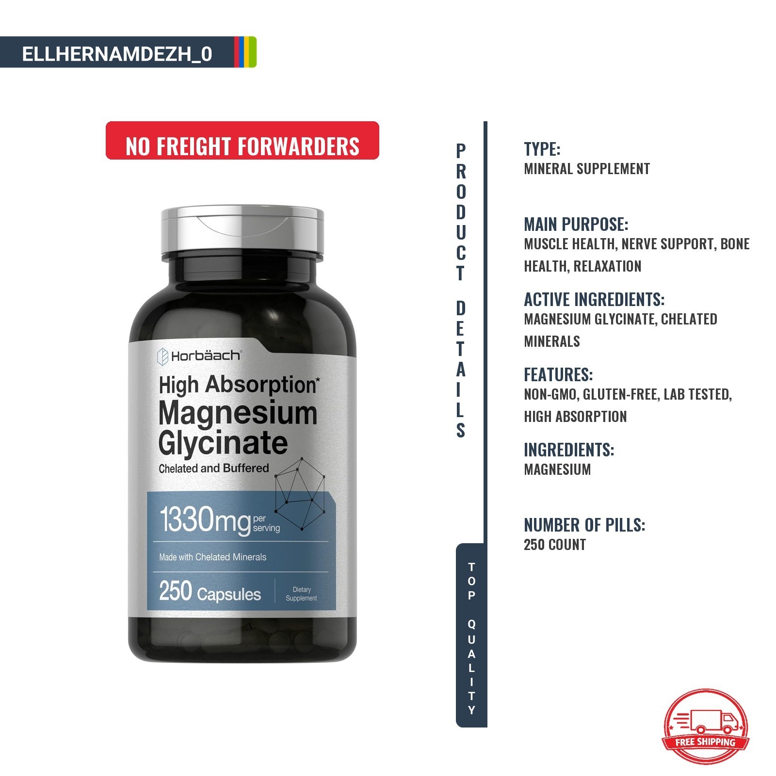 Glicinato de Magnesio 1330mg 250 Cápsulas Alta Absorción Quelado sin OGM