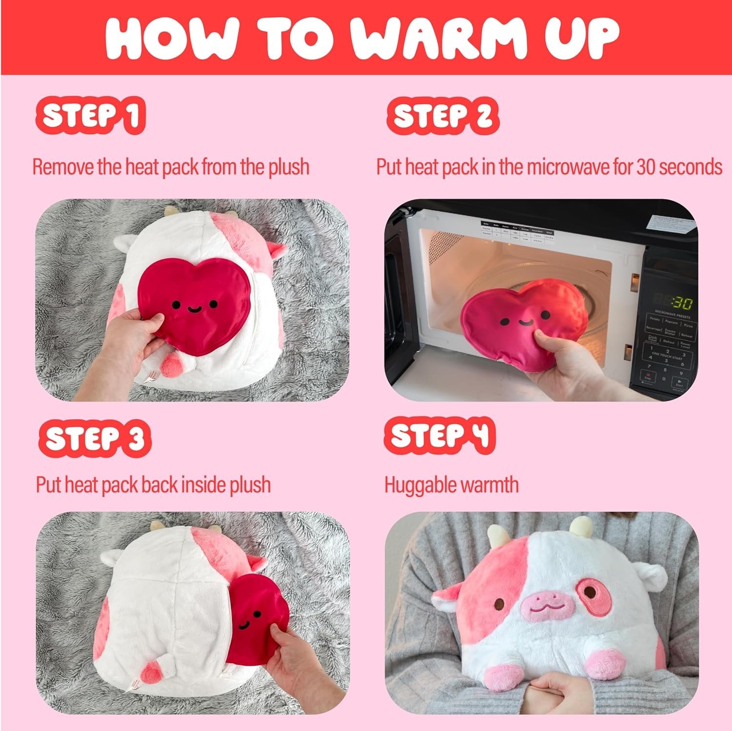Heatable Strawberry Scented Cow Plush for Period Cramp Relief & Emotional Sup…