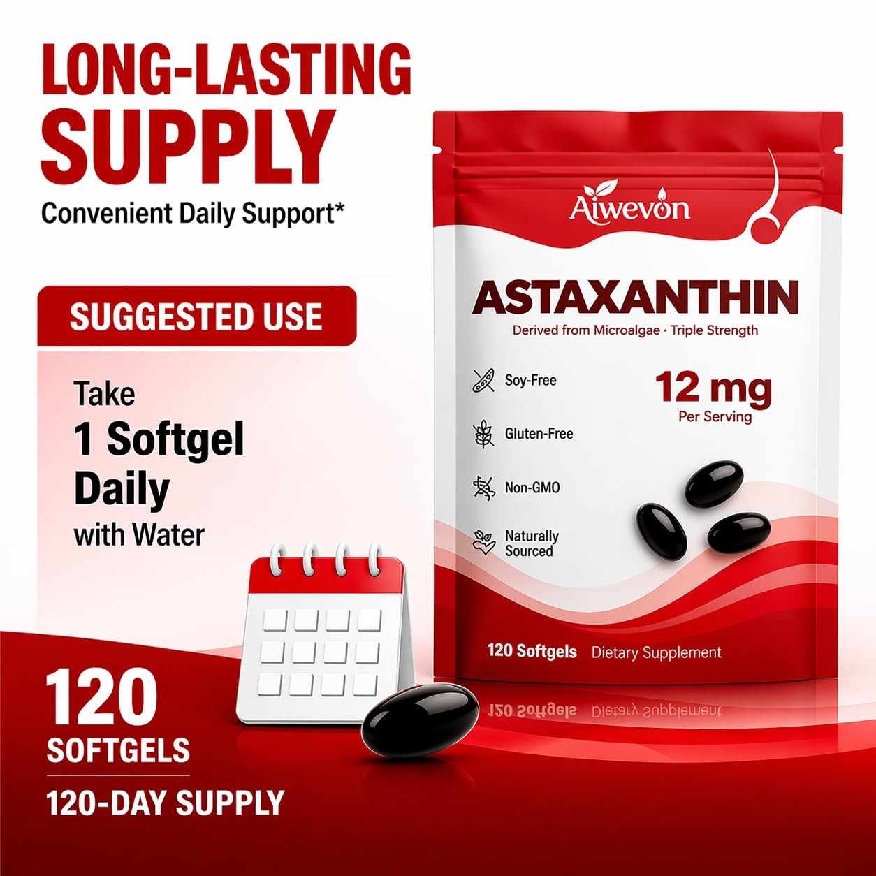 Astaxanthin 12mg Softgels Natural Microalgae Supplement 120 Count Capsules for