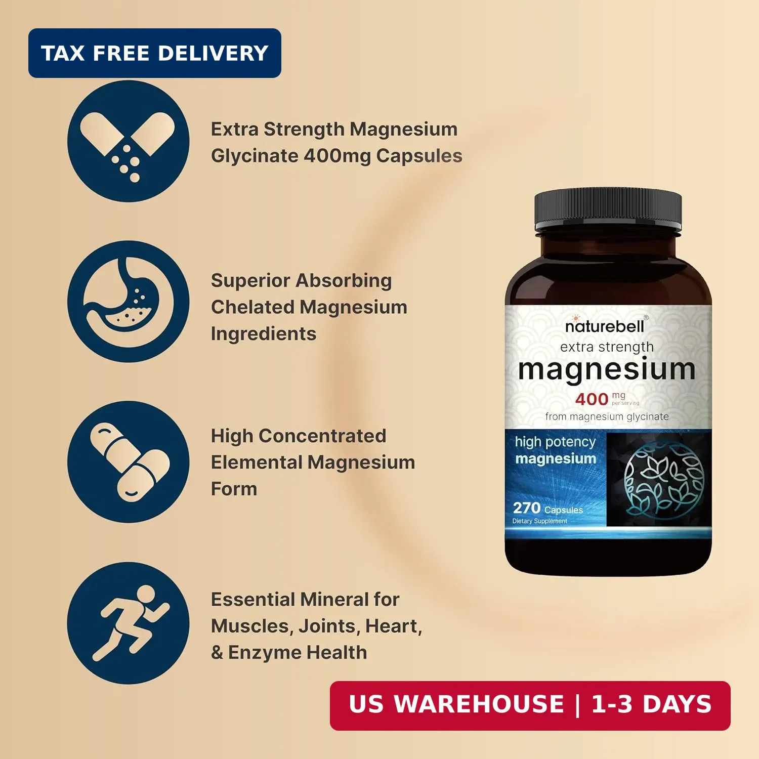 Glicinato De Magnesio De Maxima Potencia 400 Mg 270 Capsulas– 100% Chelated Max