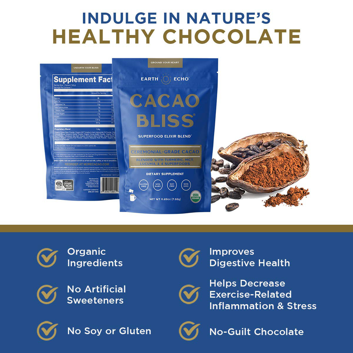 Earth Echo Raw Cacao Bliss Superfood Powder Organic Non GMO Healthy 15Pack Choco