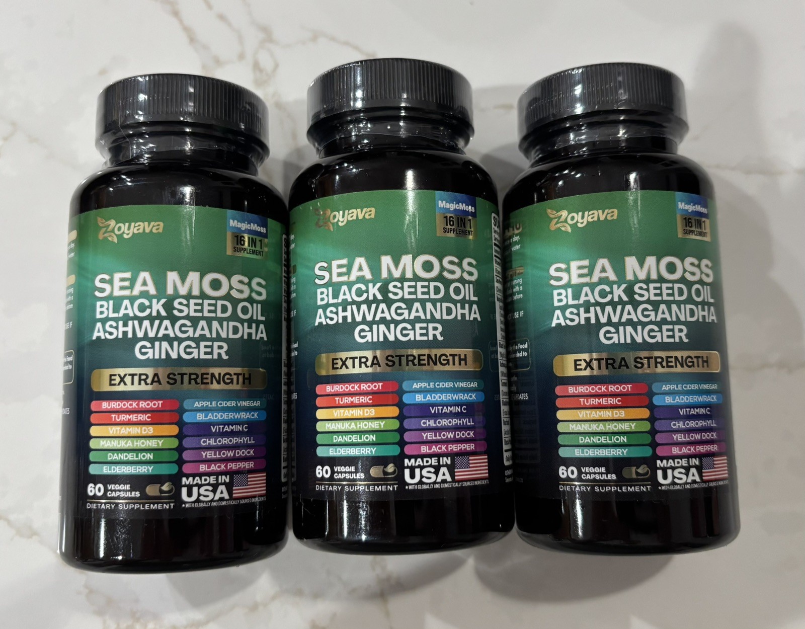 3 Zoyava Sea Moss Black Seed Oil Ginger Ashwagandha Turmeric 60 Caps Ea EX 9/27