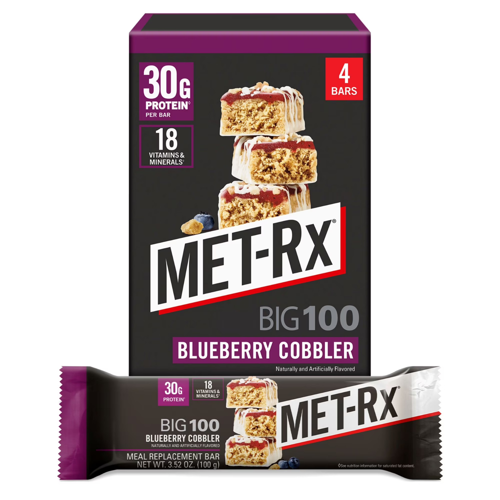 MET-Rx Big 100 Protein Bars, Blueberry Cobbler Meal Replacement Bars, 4 Ct