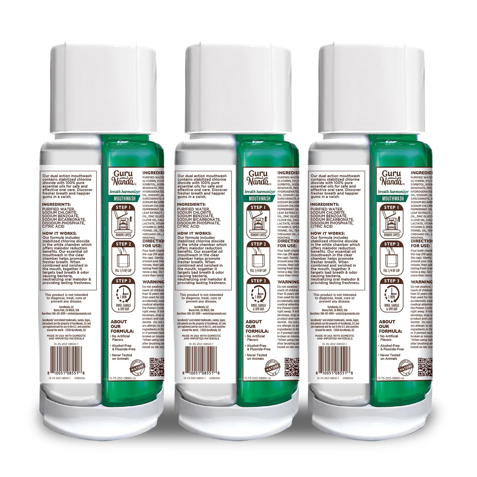 GuruNanda Dual Barrel Breath Harmonizer Mouthwash 20 Fl Oz (Pack of 3), Green