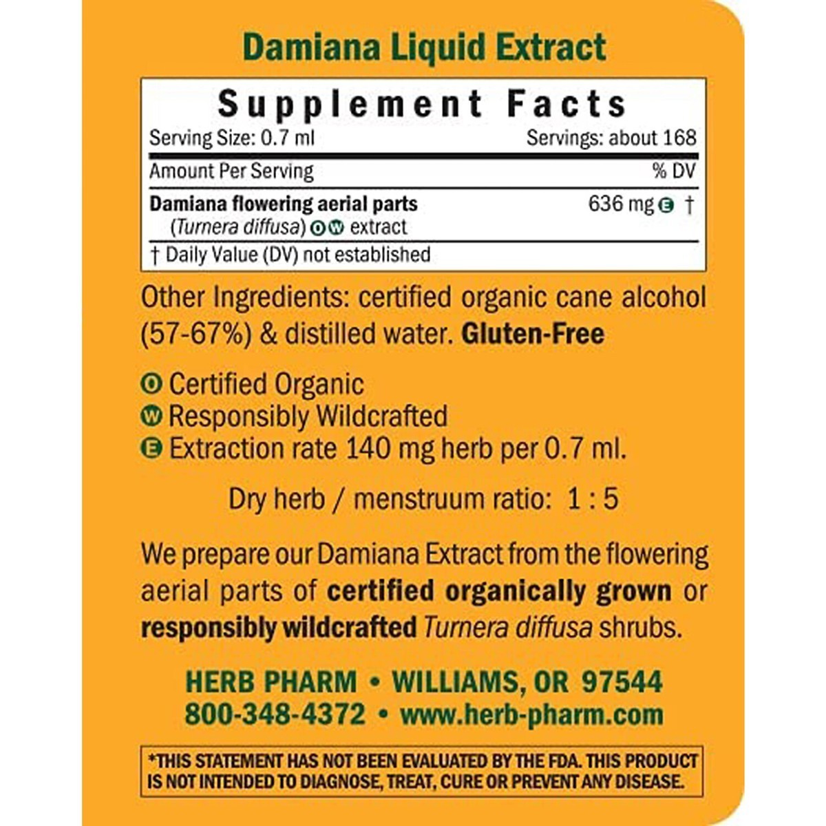 Herb Pharm Damiana Turnera Diffusa Liquid Vegan Extract Organic 4 oz Exp 10/2030
