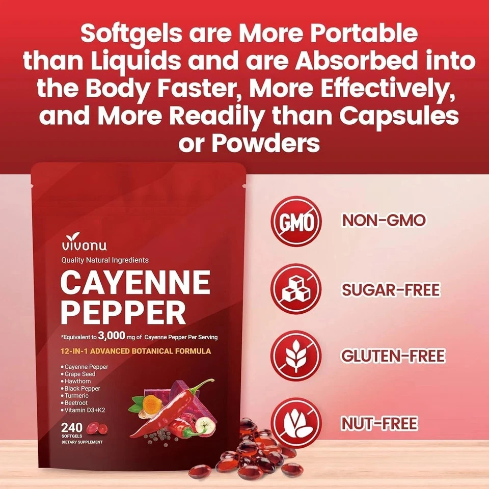 Cayenne Pepper Softgels 3000mg, 12-in-1 Heart & Circulation Support 240Ct