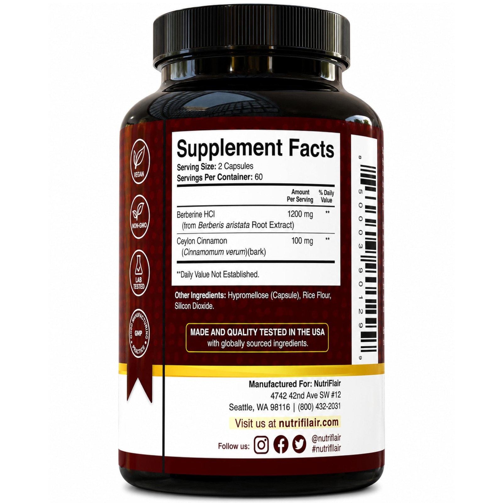 Berberine HCl 1200mg, 120 Capsules – Plus Ceylon Cinnamon, Berberine HCI Root…