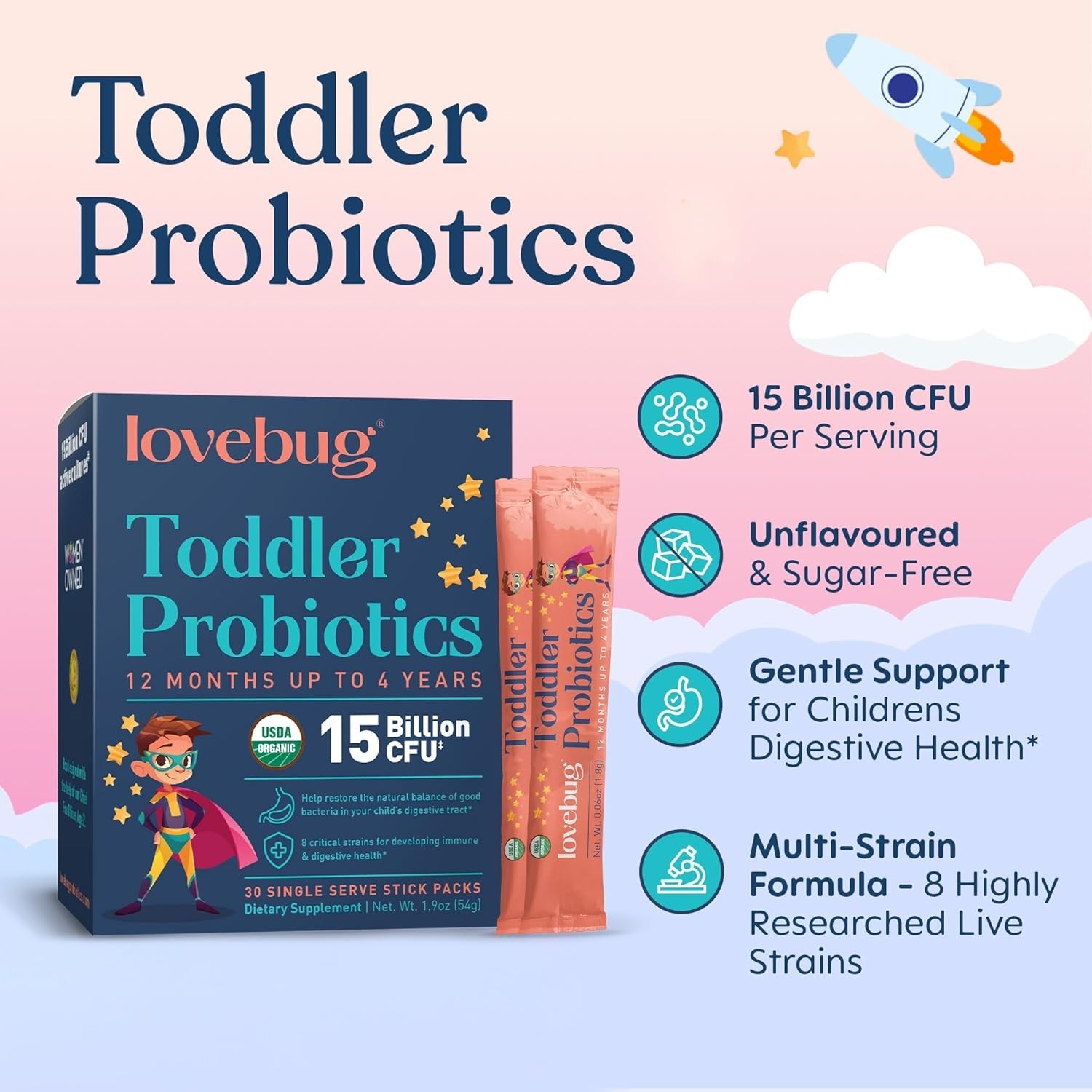 LOVEBUG Award Winning Probiotics | Constipation & Stomach Discomfort | Softer Bo