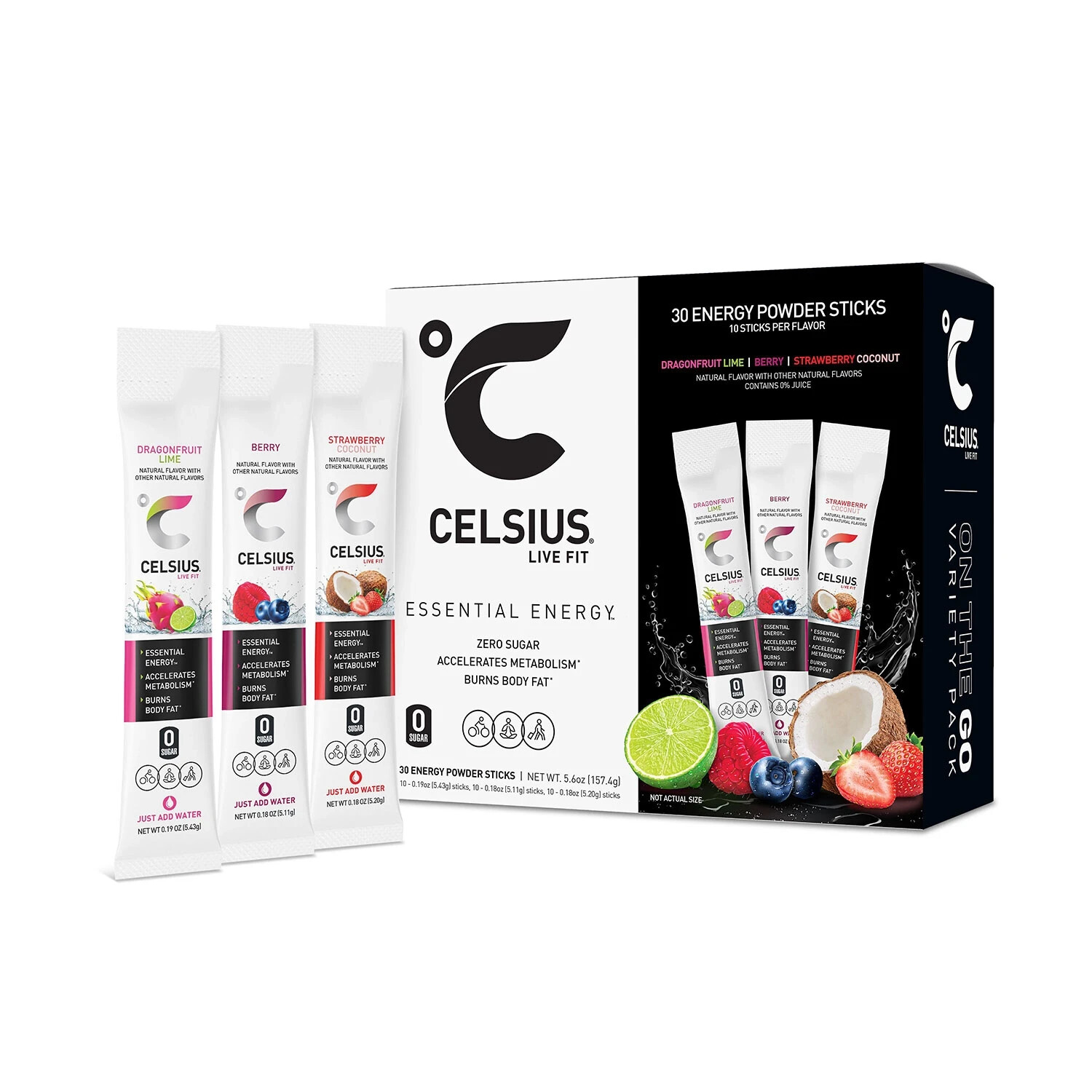 Celsius Essential Energy Drink Powder Sticks, 200mg Caffeine, Variety, 30-count