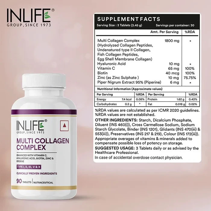 INLIFE Multi Collagen Complex Skin, Hair, Nails, Joint & Bone Support, 90 Tabs