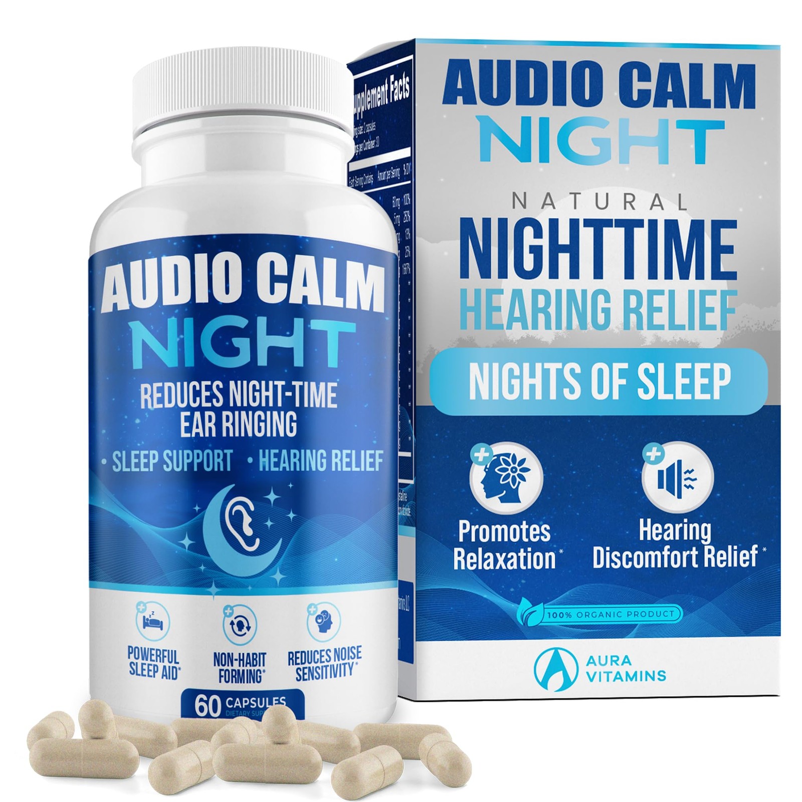 Audio Calm Night (60 Caps) | Natural Tinnitus Relief Supplement for Sleep | Ease