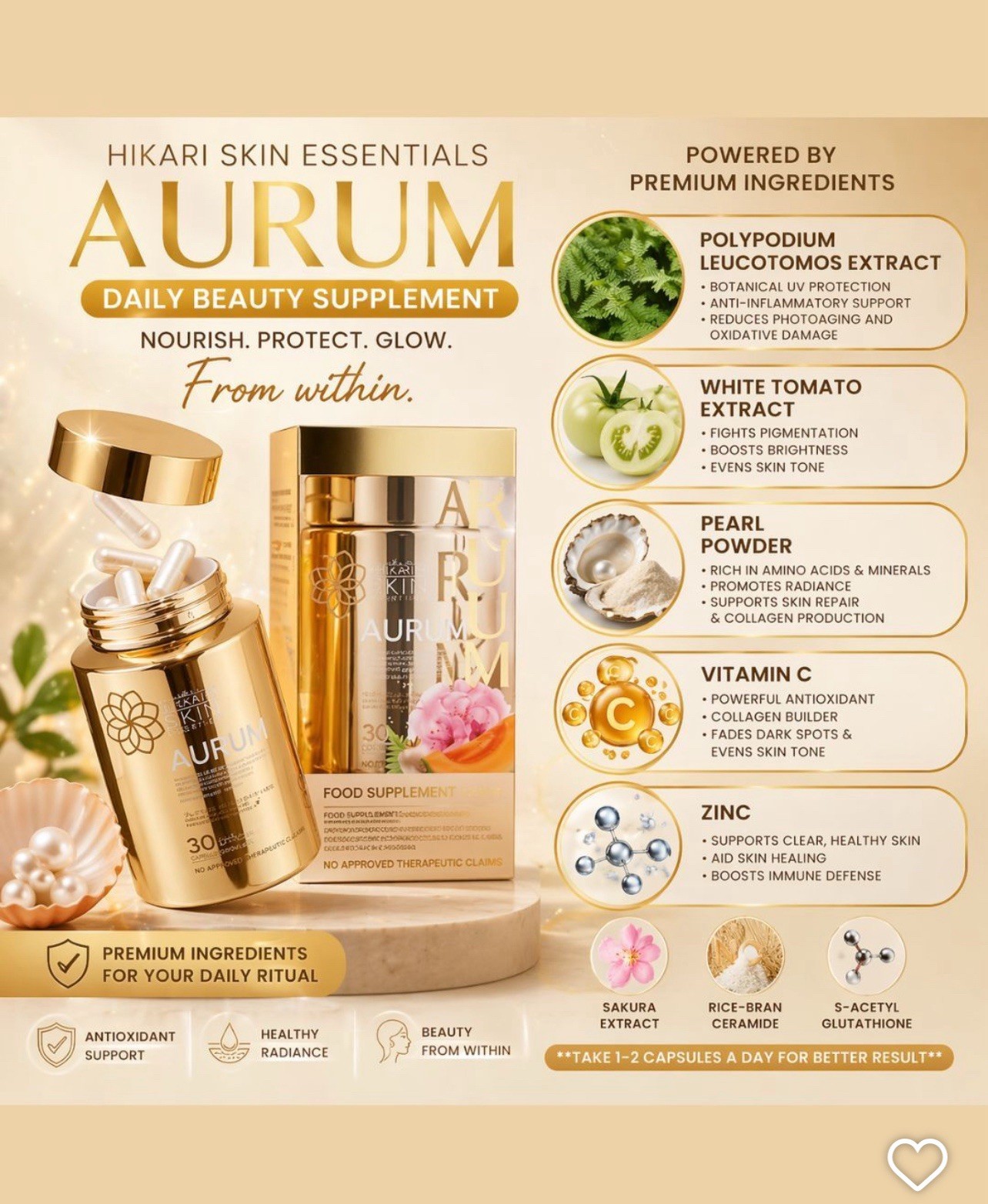 Hikari Aurum S-Acetyl Glutathione Sakura White Tomato Ceramide 30 Capsules