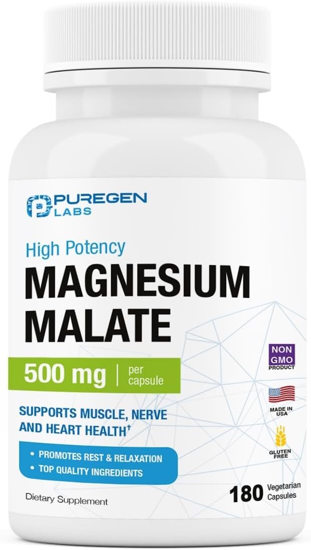 Puregen Labs Magnesium Malate | 500 mg. 180 Vegetarian capsules | Exp 6/27