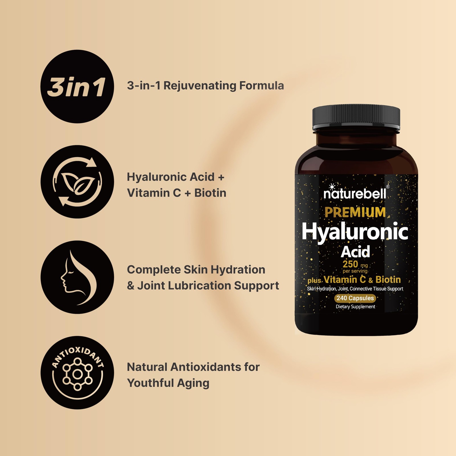 NatureBell Hyaluronic Acid Supplements 250mg | 240 240 Count (Pack of 1)