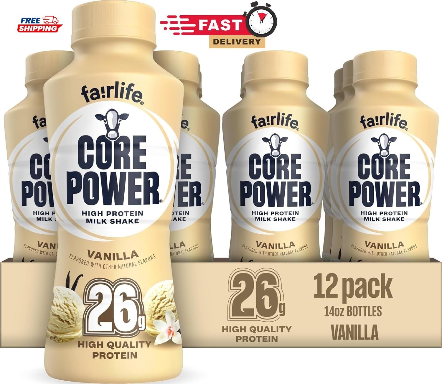 12 Pack , Core Power Protein Shake, Vanilla, 26g Bottle, 14oz