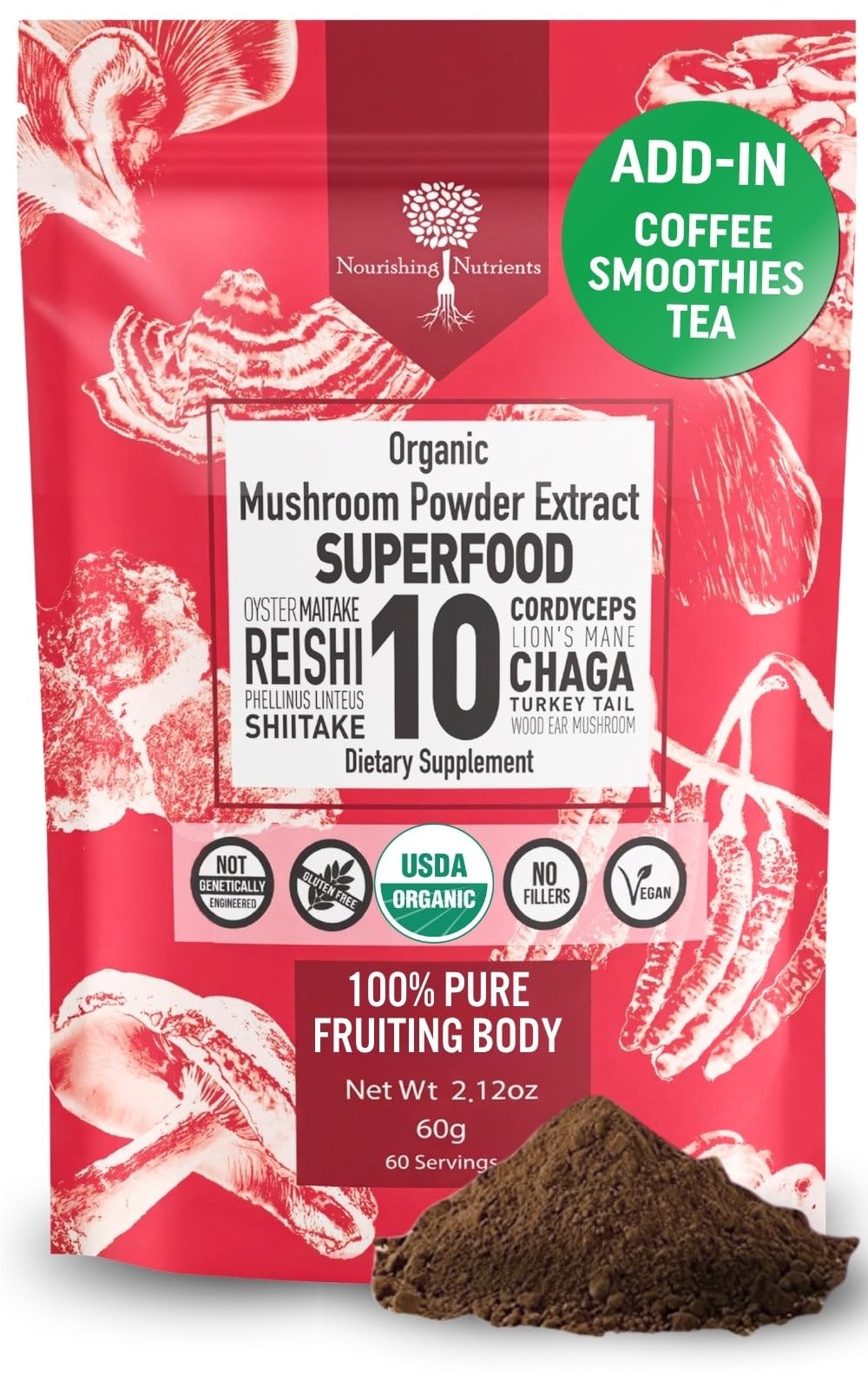 USDA Organic 10 Mushroom Supplement Powder, Focus & Immune Support | 100% Fru…