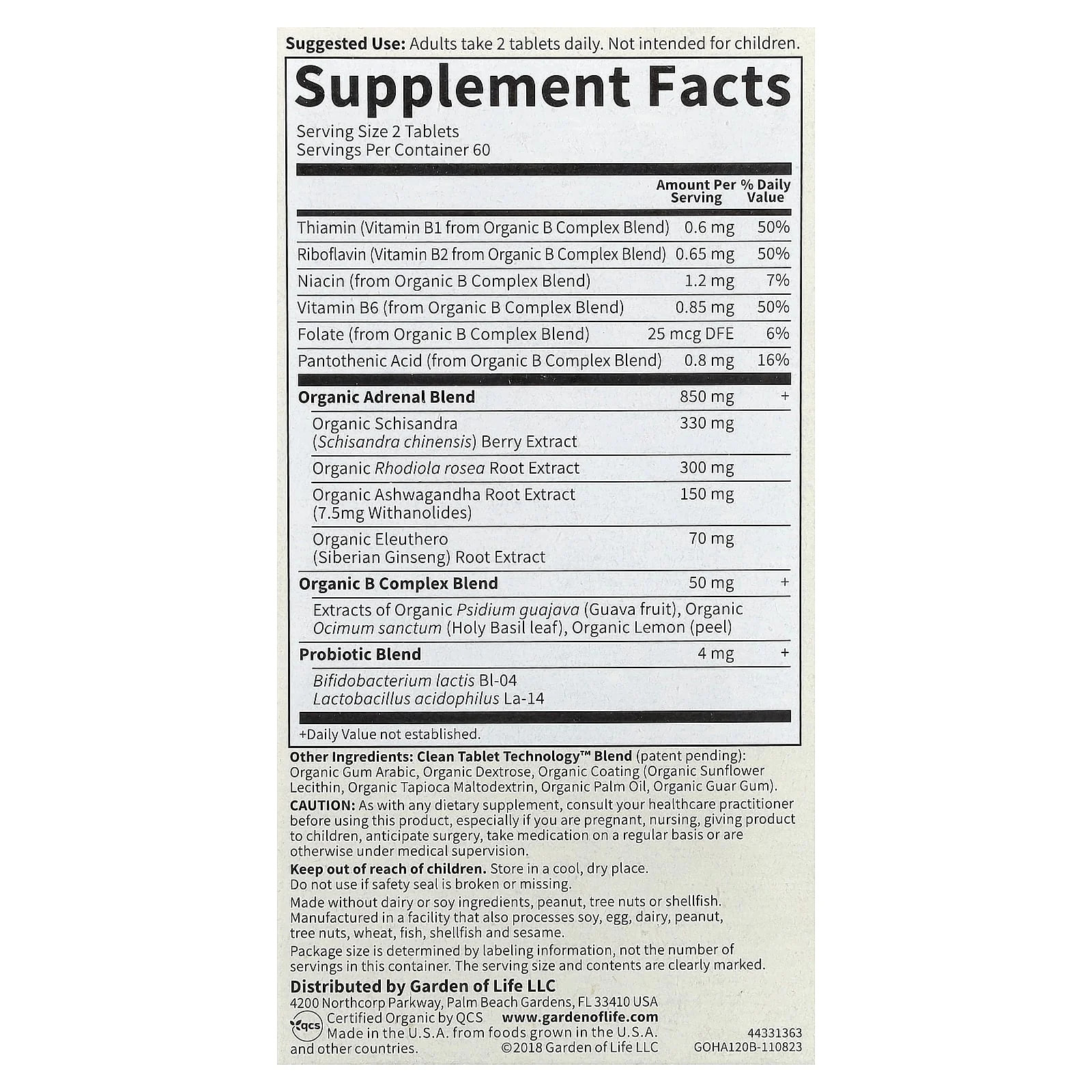 2 X Garden of Life, Organics, Adrenal, Daily Balance, 120 Vegan Tablets