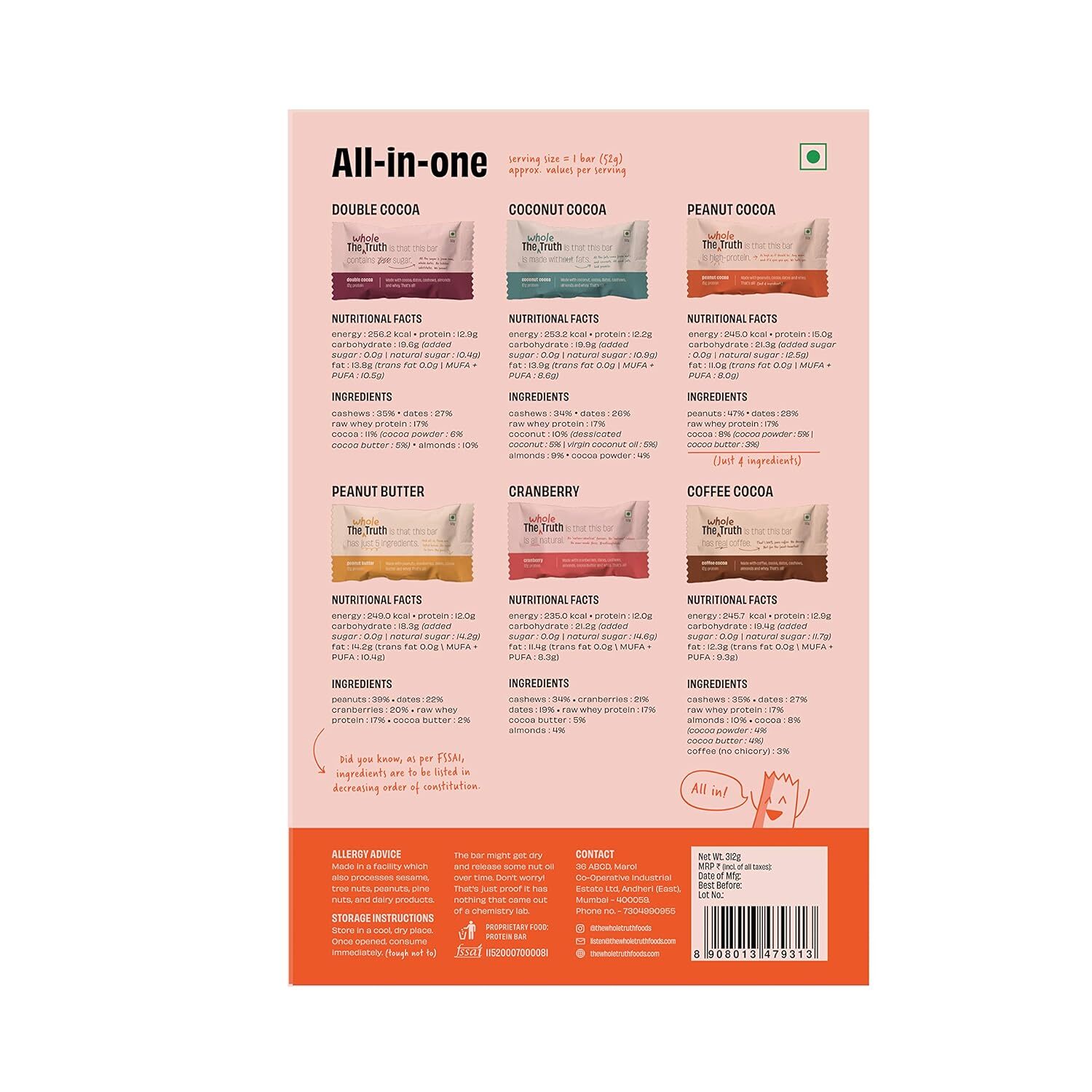The Whole Truth Protein Bars All-in-One No Added Sugar Pack of 6 x 52 g each