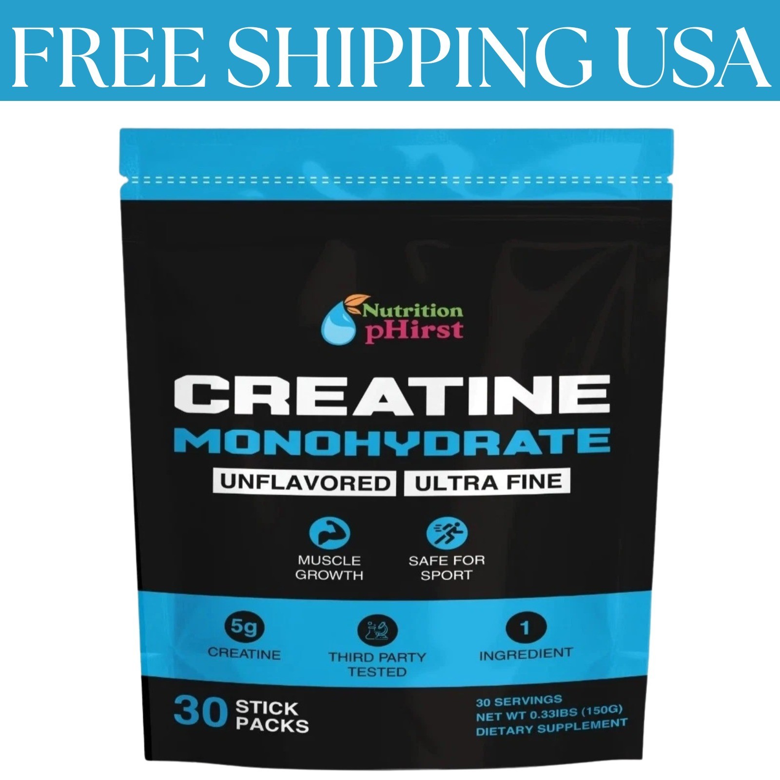 Creatine Monohydrate Sticks Muscle Gain 5000mg Per Serv (5g) 30 Sticks Powder US