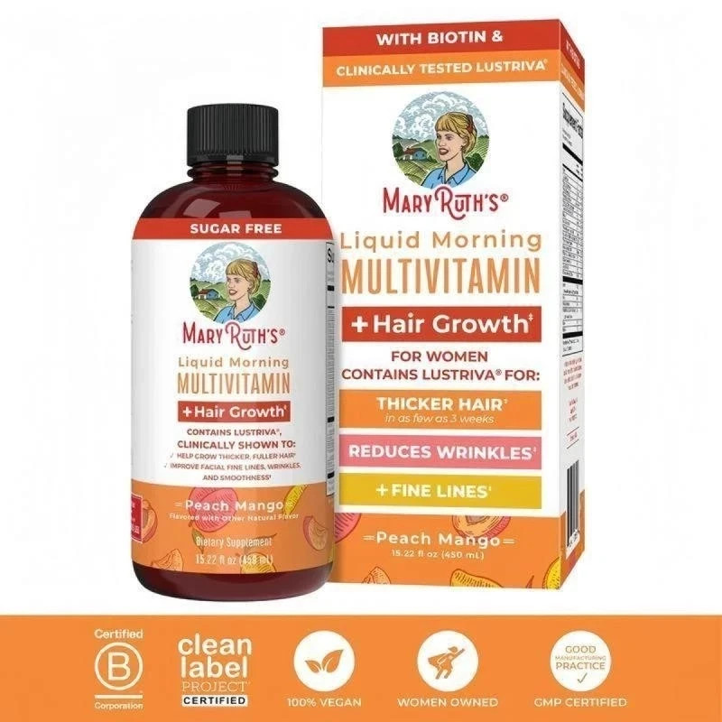 Liquid Morning Multivitamin + Hair Regrowth, Peach Mango, 15.22 fl oz (450 ml)